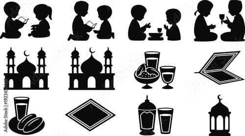 Ramadan children mosque Quran lantern dates prayer rug icons, Islamic culture celebration vector set, Eid Mubarak silhouette design illustration