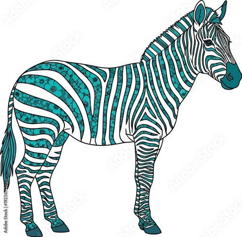 A teal and white zebra stands alone on a plain background