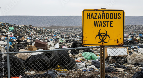 Hazardous waste dumped into a large landfill near the ocean viewed from behind a chain link fence