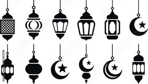 Ramadan crescent moon lantern star icons set, Islamic culture celebration vector illustration, Eid Mubarak decorative silhouette design black white representation
