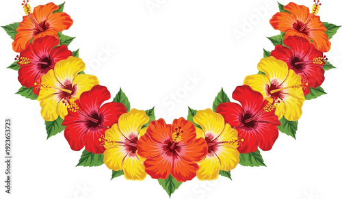 A vibrant floral lei made of colorful hibiscus flowers on a white background