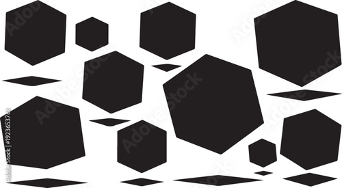 Black hexagons on white background with shadows falling down