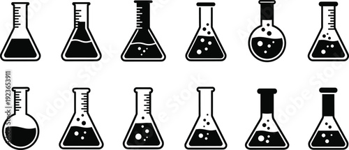 flask, laboratory, icon, silhouette, chemistry, science, experiment, liquid, bubbles, glassware, black, white, vector, design, illustration, beaker, round-bottom, Erlenmeyer, lab, symbol