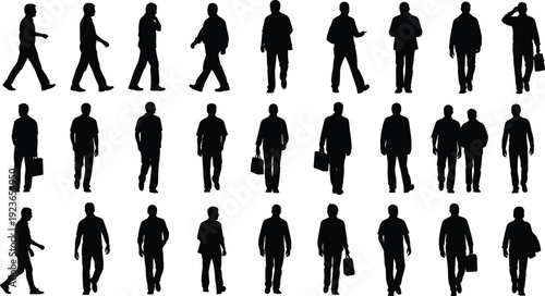 Collection of business men walking silhouettes in different directions and poses, black male commuter figures isolated on white background