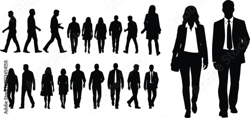 Collection of business people walking silhouettes in formal attire, professional men and women figures in motion isolated on white background