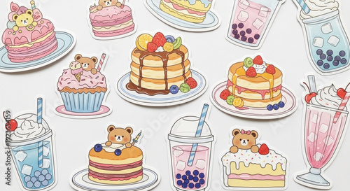 Cute food stickers of pancakes, cakes, and drinks with teddy bears