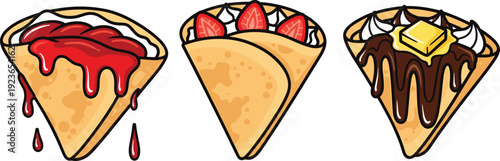 Sweet Dessert Crepes Set with Strawberry Sauce, Fresh Berries, Chocolate Drizzle and Butter Topping for Cafe Menu and Food Illustration Designs