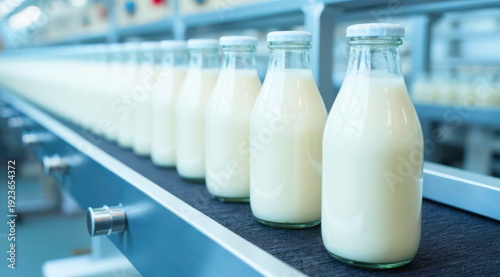 Bottles of milk move in a row on a conveyor belt at a dairy plant.