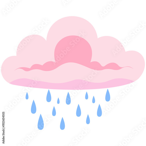 Pink cloud with sun and raindrops perfect for mixed weather graphics, spring shower designs, colorful atmospheric elements, and cheerful flat illustration style.