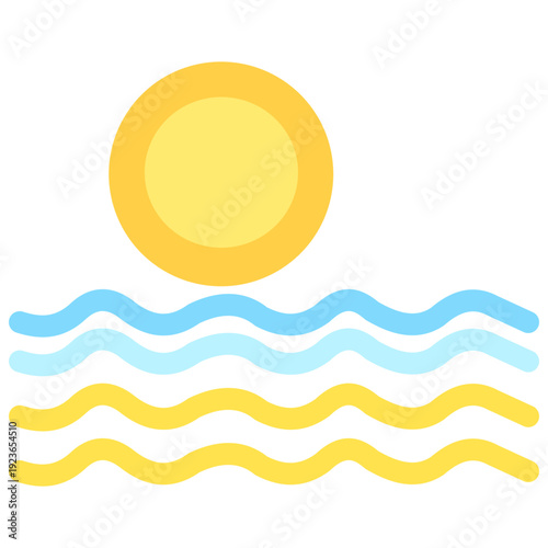Yellow sun over wavy colorful layers ideal for sunny weather graphics, vibrant sky designs, cheerful atmospheric elements, and bright decorative flat illustration style.
