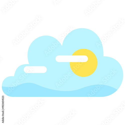 Cloud with sun peeking through ideal for partly cloudy weather graphics, sunny sky designs, hopeful atmospheric elements, and bright decorative flat illustration style.
