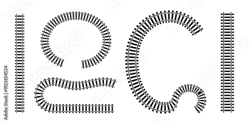 Detailed Illustration of Curved and Straight Railway Tracks in Monochrome Style, High-Contrast Rail Infrastructure Drawing for Transportation, Industrial Design, Engineering Concepts, and Urban Planni