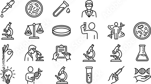 Set of science and laboratory research line icons featuring microscope, test tube, DNA, scientist, petri dish, beaker, pipette, and biotechnology.