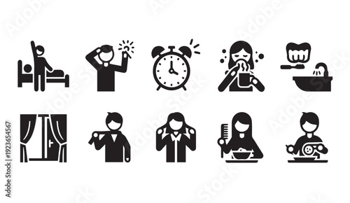 Set of black icons depicting daily morning routines and hygiene