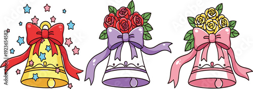 Decorative Wedding and Celebration Bells Set with Bows, Roses and Floral Arrangements for Invitations, Greeting Cards and Romantic Event Designs