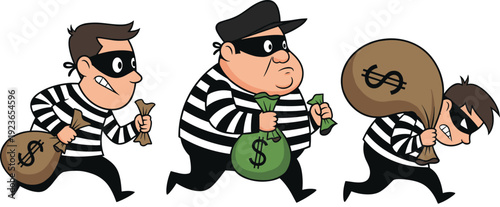Cartoon Thief Characters Running with Money Bags Set for Crime Concept, Robbery Illustration, Security Awareness Campaign and Law Enforcement Designs