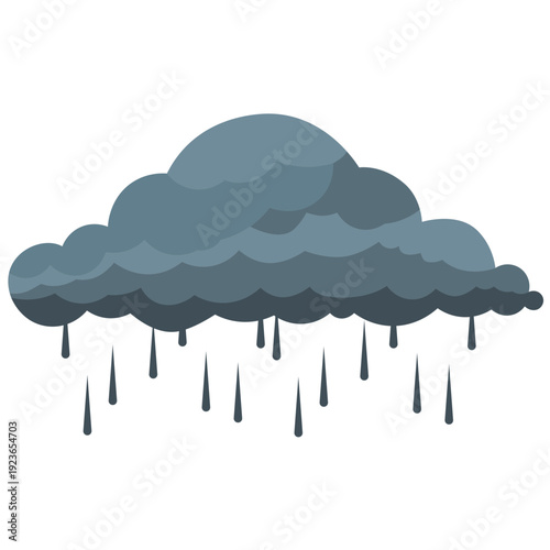 Dark grey storm cloud with heavy rain ideal for severe weather illustrations, stormy sky designs, dramatic precipitation graphics, intense atmospheric elements, and bold flat style.