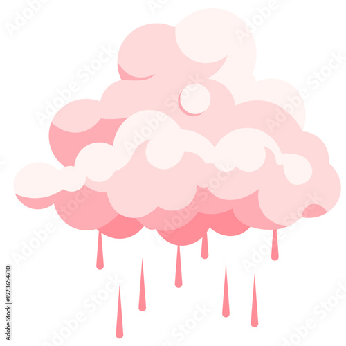 Pink layered rain cloud with droplets perfect for romantic weather illustrations, gentle precipitation graphics, soft shower designs, dreamy atmospheric elements, and colorful flat style.