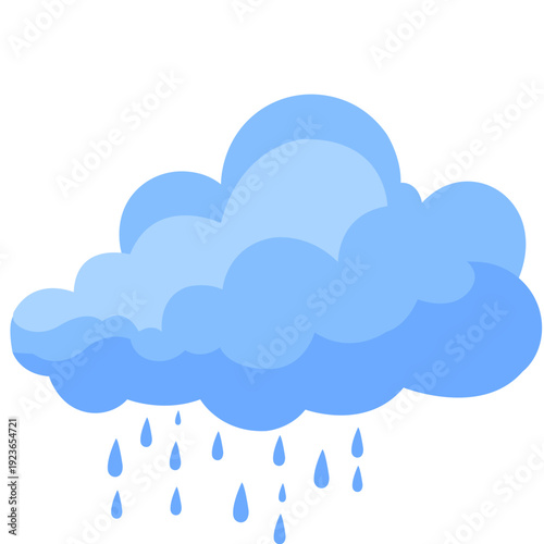 Blue rain cloud with falling droplets ideal for weather forecasts, rain illustrations, precipitation graphics, shower designs, and calm atmospheric elements with clean flat design style.