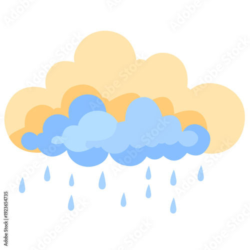 Yellow and blue rain cloud with raindrops ideal for colorful weather illustrations, cheerful precipitation graphics, spring shower designs, and vibrant atmospheric elements with flat style.