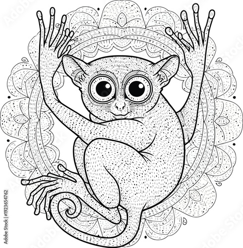 A whimsical illustration of a small primate hanging from a decorative circular design