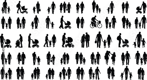 Collection of people and family silhouettes walking, parents with children, stroller and bicycle scenes, black figures isolated on white background
