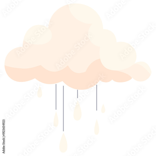 Beige cream rain cloud with raindrops perfect for warm weather illustrations, gentle precipitation graphics, soft sky designs, and cozy atmospheric elements with flat style.