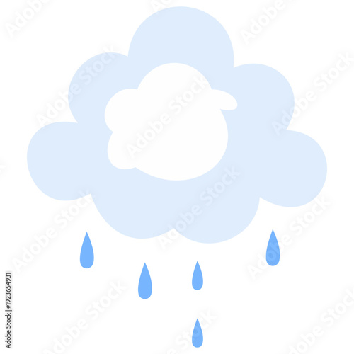 Periwinkle rain cloud with blue raindrops perfect for gentle shower illustrations, soft weather graphics, spring precipitation, and calm atmospheric elements with soothing flat design.