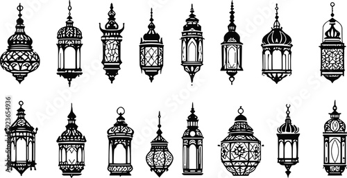 Traditional Ramadan lantern icons set, Middle Eastern Moroccan decorative vector illustration, Islamic culture celebration silhouette design black white ornamental representation