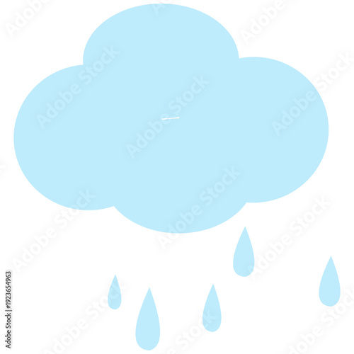 Light blue rain cloud with falling raindrops ideal for weather forecasts, rainy day graphics, precipitation illustrations, and atmospheric elements with soft flat design.