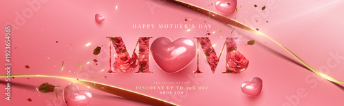 Happy Mother's Day sale banner template with 3D pink heart and red roses. Elegant pastel holiday greeting card background with gold confetti and ribbons for Mom.