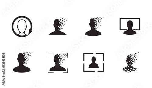 Digital identity icons set showing person disintegrating into pixels