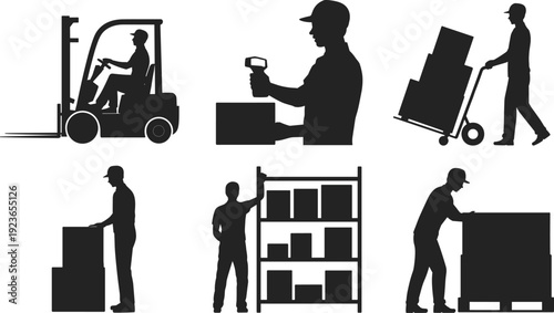 Warehouse logistics worker icons set, forklift barcode scanning box handling shelving storage pallet inspection vector black silhouette design illustration