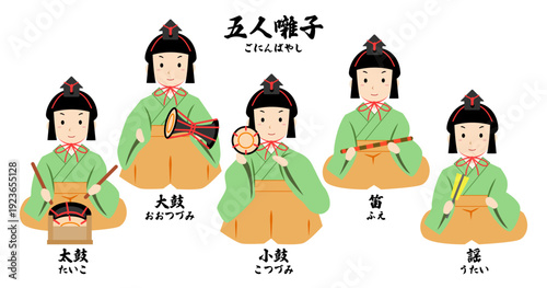 五人囃子のベクターイラストセット（雛祭り・和楽器演奏・背景透過）