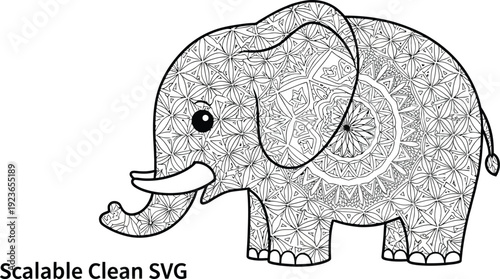 A scalable clean SVG illustration of an elephant with intricate patterns and designs