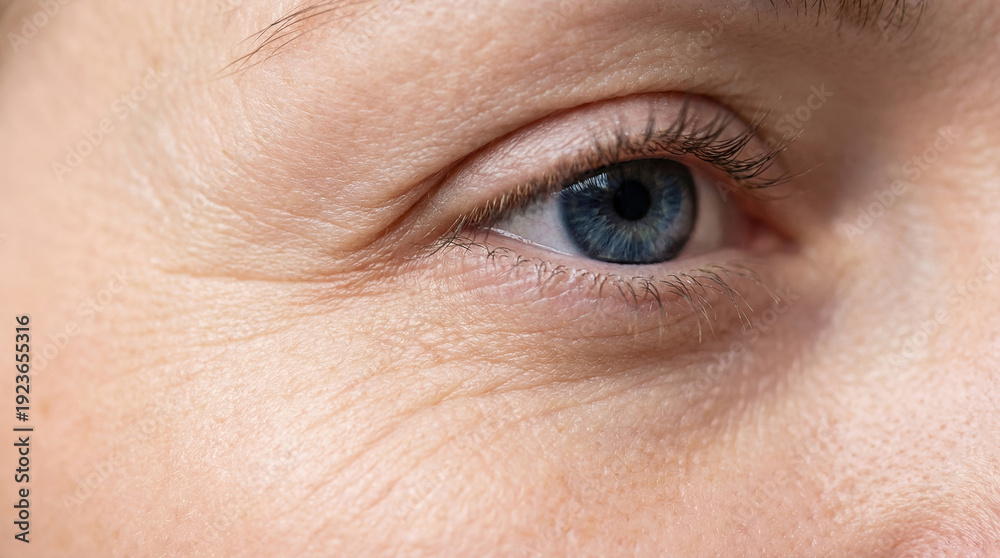 Fototapeta premium Close up of human eye showing blue color and skin texture. Light reflects on surface giving details. Concept of beauty, skincare, personal care
