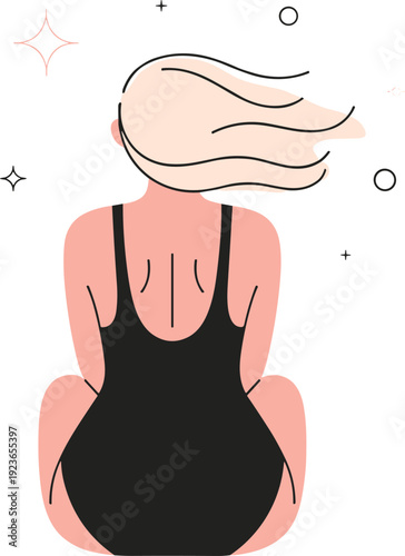 Woman sitting back view in black swimsuit minimal vector illustration isolated background