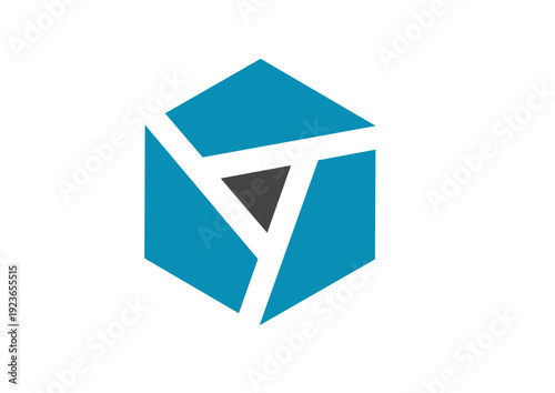Isometric Blue Cube Logo With White Y Letter And Abstract Triangle Tech Icon On Transparent Background