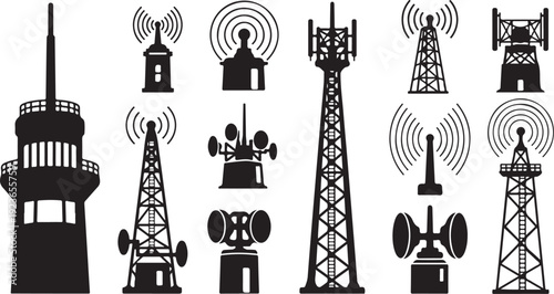 Black silhouettes of various communication towers and antennas