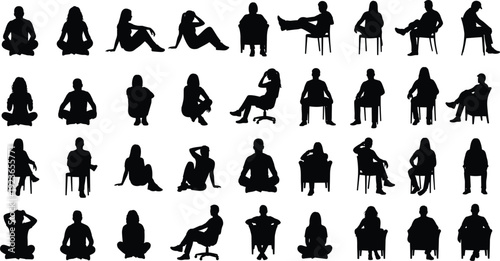 Collection of people sitting silhouettes in different relaxed and working poses, black human seated figures isolated on white background