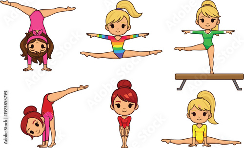 Cute Little Gymnast Girls Performing Artistic Gymnastics Poses Set with Balance Beam, Splits and Handstand for Kids Sports Illustration Designs