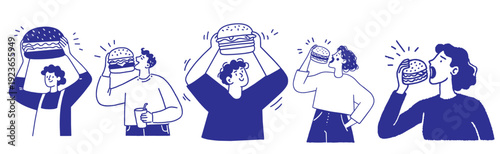 Hand drawn doodles of person eating fresh burgers and fast food for restaurant menu and street food festival concepts