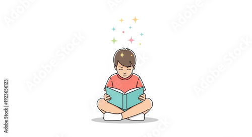 Minimalist Child Reading Book Vector Illustration with Floating Stars, Soft Bright Flat Design