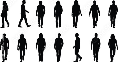 Collection of people walking silhouettes in different directions and views, men and women casual human figures isolated on white background