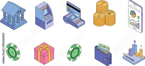 Isometric Banking and Investment Icon Set with ATM Coins Wallet Mobile Analytics Gift and Financial Technology Vector Illustration Police Stop