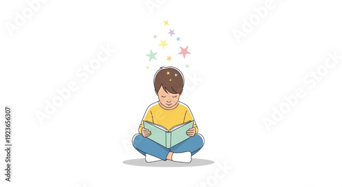 Minimalist Child Reading Book Vector Illustration with Floating Stars, Soft Bright Flat Design