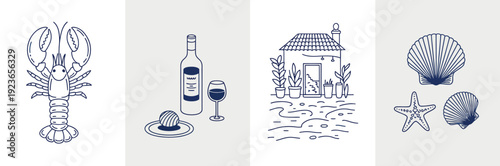 Collection of line art icons featuring a lobster, wine bottle with glass, charming beach house with plants, and various seashells and starfish.