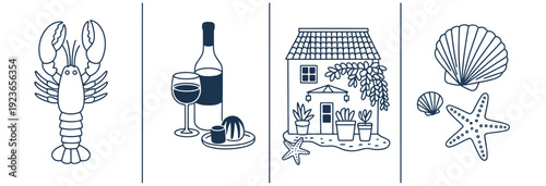 Charming line art icons depicting a lobster, wine bottle with glass, quaint seaside house adorned with plants, and assorted seashells and starfish.