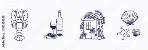 Minimalist line art icons of a lobster, wine and appetizers, a picturesque beach house with potted plants, and decorative seashells and starfish.