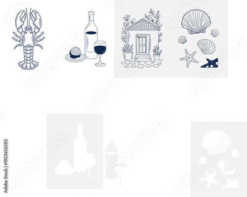 Artistic line drawings showcasing a lobster, wine and cheese, a cozy beach house with plants, and marine elements like seashells and starfish.